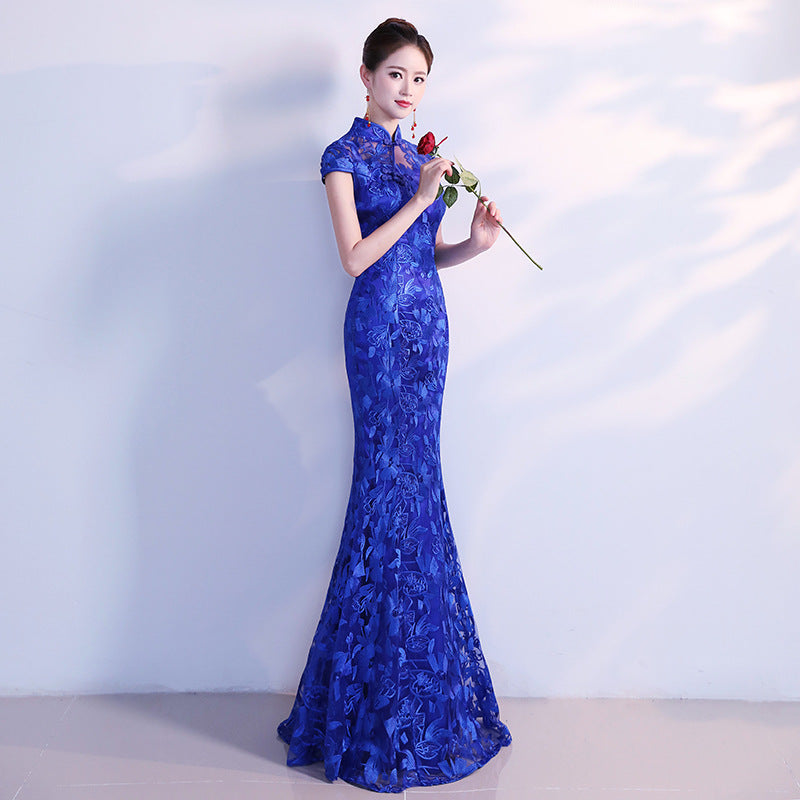 Mandarin Collar Cap Sleeve Floral Embroidery Cheongsam Top Evening Dress