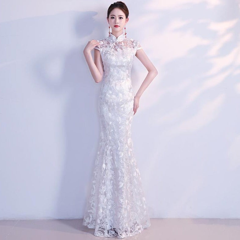 Mandarin Collar Cap Sleeve Floral Embroidery Cheongsam Top Evening Dress White / XS Mandarin Collar Cap Sleeve Floral Embroidery Cheongsam Top Evening Dress White / XS