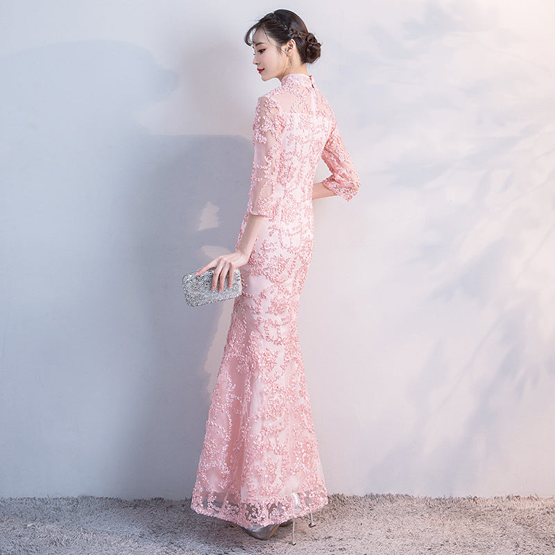 3/4 Sleeve Cheongsam Top Mermaid Evening Dress with Floral Appliques Pink / 3XL 3/4 Sleeve Cheongsam Top Mermaid Evening Dress with Floral Appliques Pink / 3XL