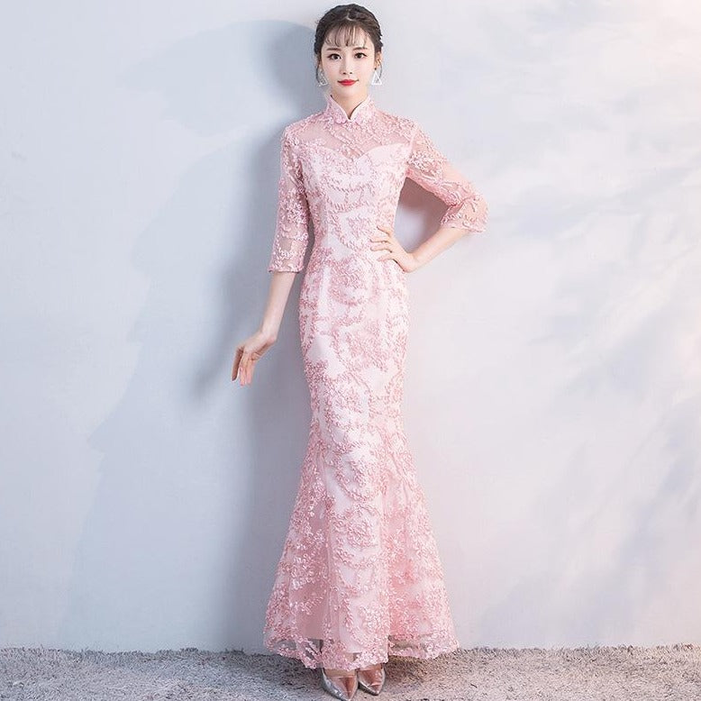 3/4 Sleeve Cheongsam Top Mermaid Evening Dress with Floral Appliques Pink / 3XL 3/4 Sleeve Cheongsam Top Mermaid Evening Dress with Floral Appliques Pink / 3XL
