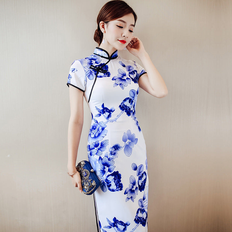 Blue and White Porcelain Pattern Silk Cheongsam Chinese Dress Day Dress Knee Length / Blue / Xs