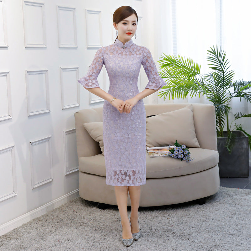 Mandarin Sleeve Illusion Neck Tea Length Cheongsam Lace Chinese Dress