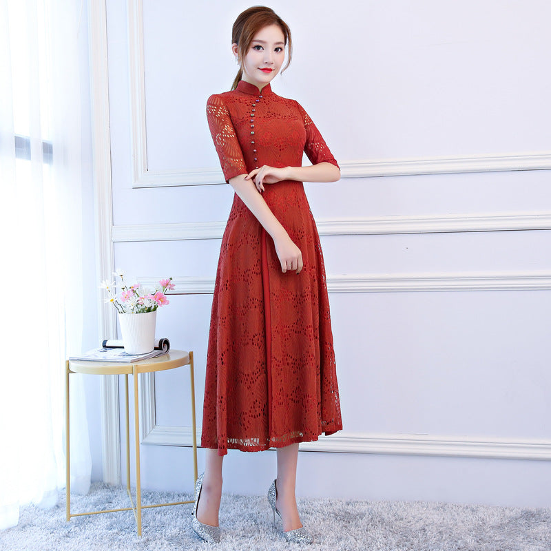 Half Sleeve Cheongsam Top Floral Lace Ao Dai Dress
