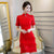 Short Sleeve Cheongsam Floral Lace Chinese Dress with Tiered Skirt