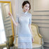 Illusion Neck Cheongsam Top Mini robe chinoise en dentelle avec jupe à volants