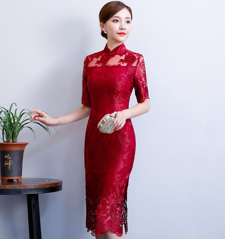 Retro Lace Appliques Knee Length Cheongsam Chinese Dress