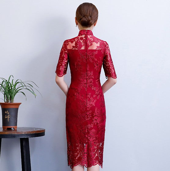 Retro Lace Appliques Knee Length Cheongsam Chinese Dress