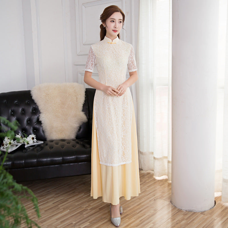 Illusion Sleeve Cheongsam Top Full Length Floral Lace Ao Dai Dress