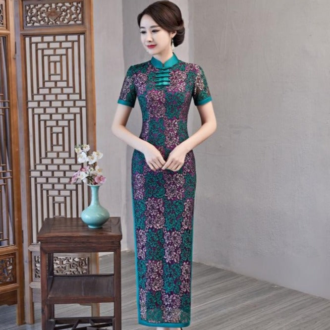 Short Sleeve Full Length Cheongsam Lace Chinese Dress with
