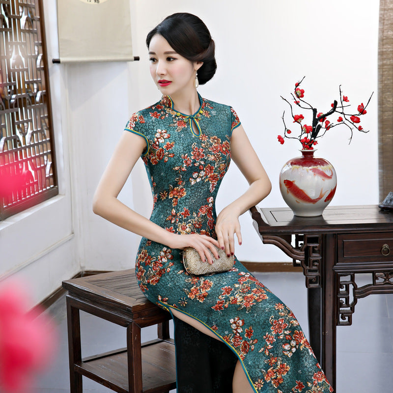 lace mandarin collar dress 66324: Lace A-Line Dress with Mandarin Collar and Bell Sleeves
