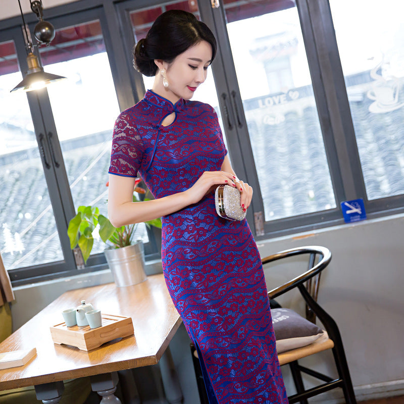 Lace Sleeve Full Length Cheongsam Floral Lace Chinese Dress