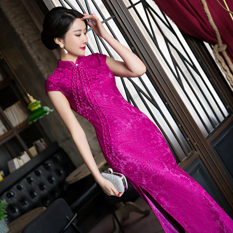 Cap Sleeve Full Length Cheongsam Floral Lace Chinese Dress Fushia / XXL Cap Sleeve Full Length Cheongsam Floral Lace Chinese Dress Fushia / XXL
