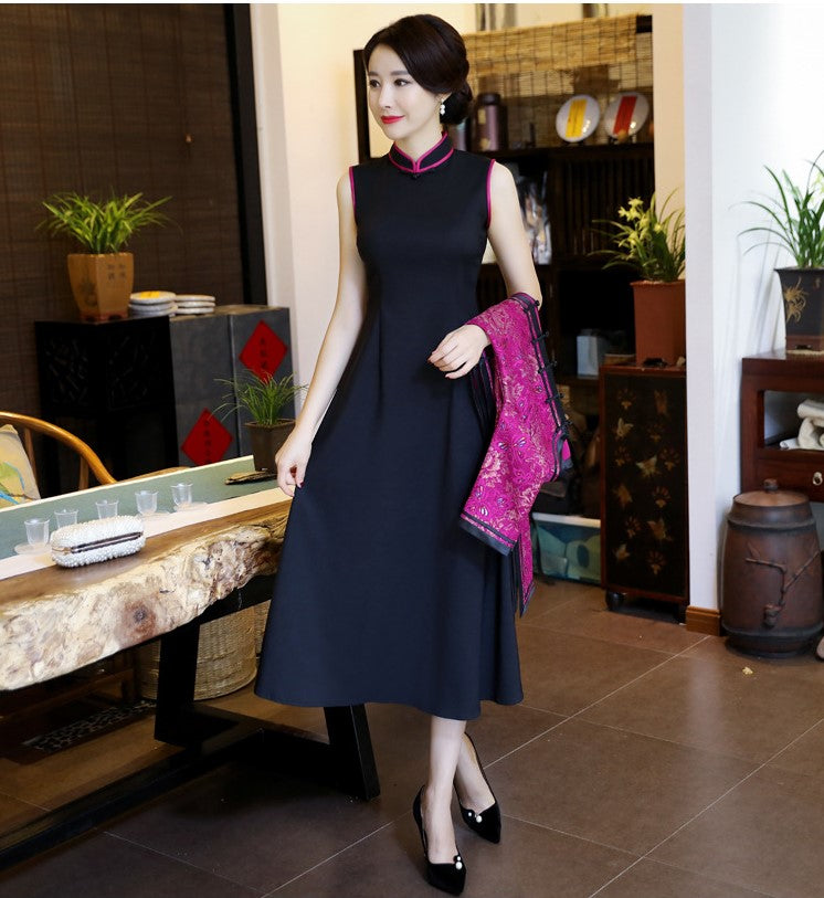 Half Sleeve Cheongsam Top Tea Length Lace Ao Dai Dress with Strap Buttons