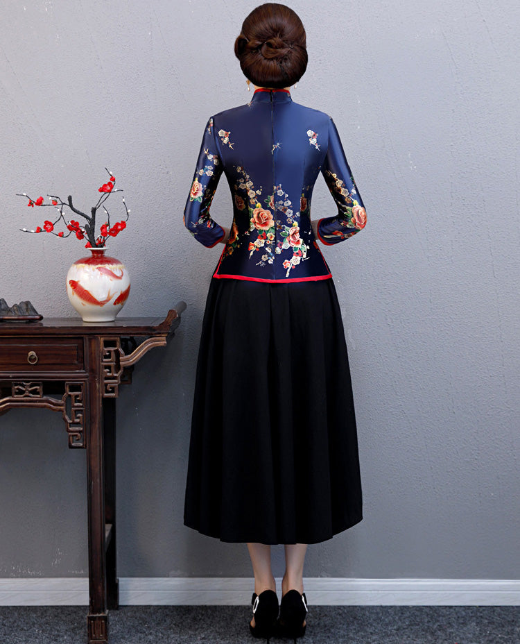 Long Sleeve Velvet Traditional Cheongsam Top Floral Chinese Blouse