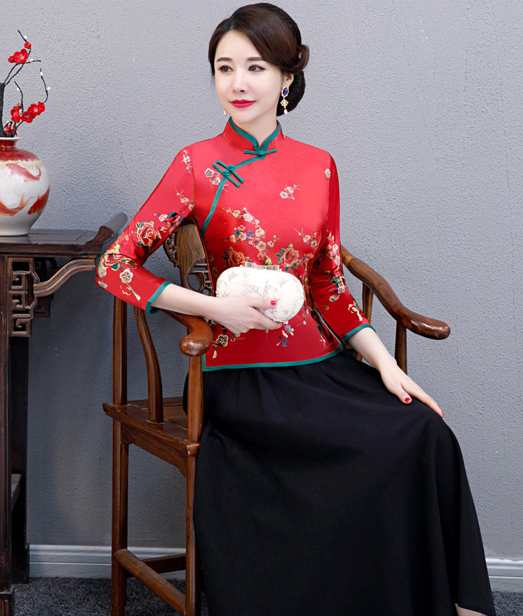 Long Sleeve Velvet Traditional Cheongsam Top Floral Chinese Blouse