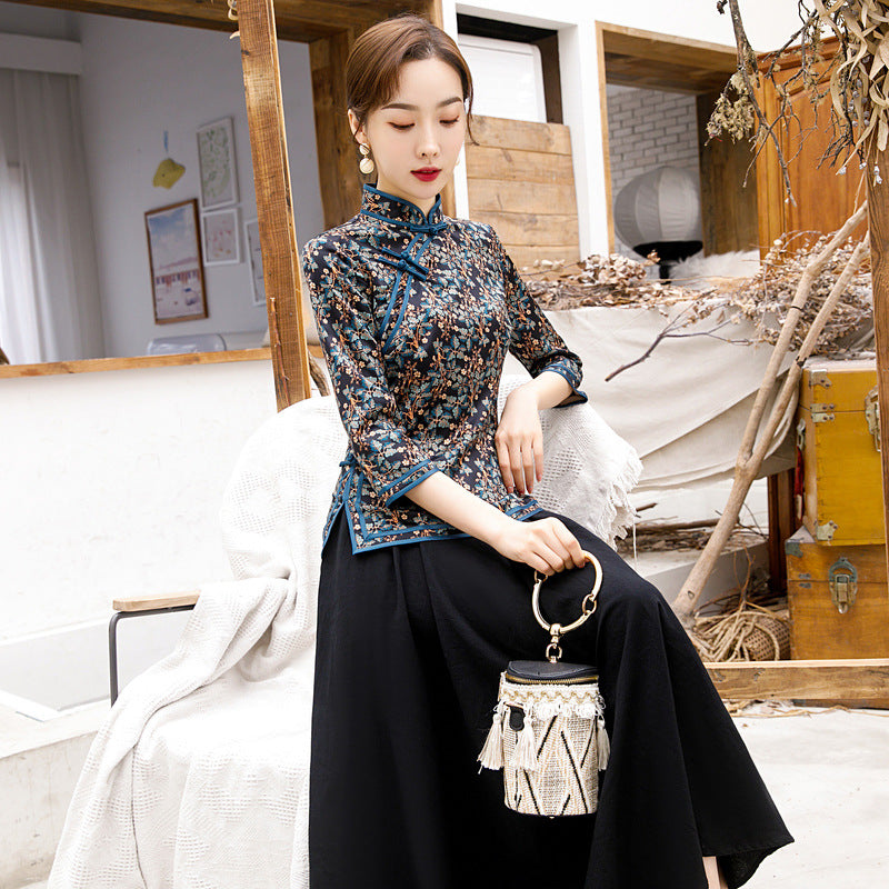 3/4 Sleeve Floral Watered Gauze Cheongsam Top Retro Chinese Blouse
