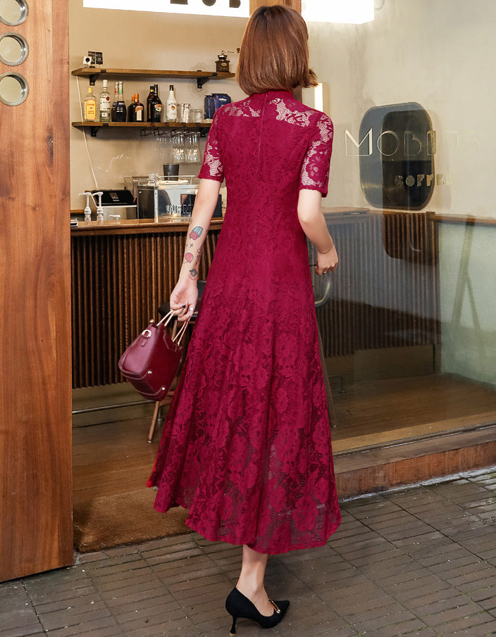 Half Sleeve Cheongsam Top Plus Size Floral Lace Chinese Dress Navy / 4XL Half Sleeve Cheongsam Top Plus Size Floral Lace Chinese Dress Navy / 4XL