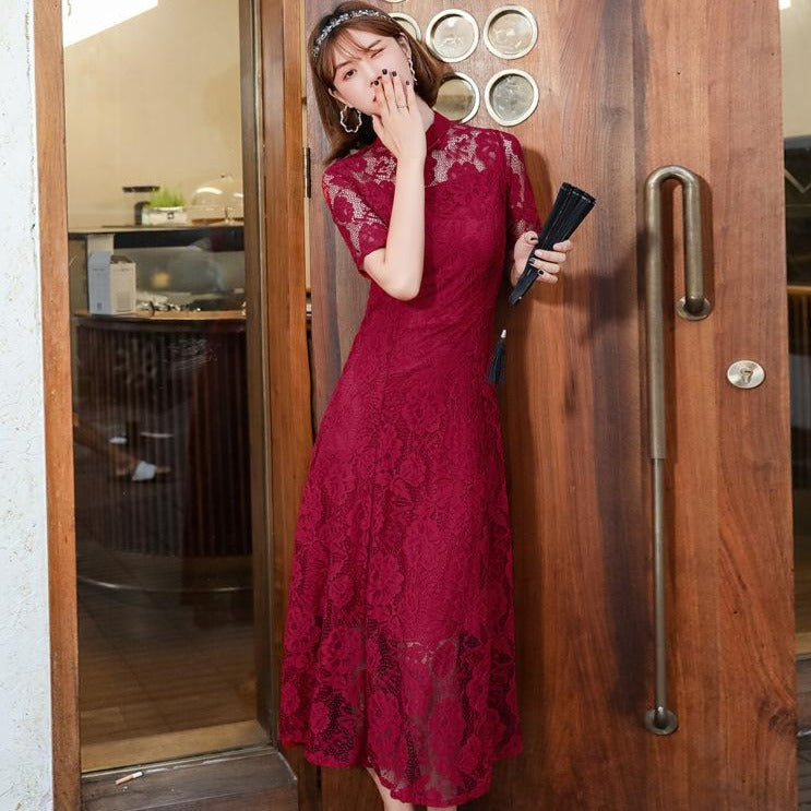 red chinese dress plus size Plus Size Red Floral Qipao Dress: Modern Cheongsam, Wedding Guest