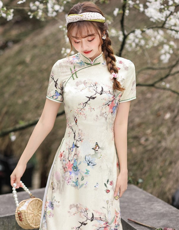 Short Sleeve Knee Length Floral Aodai Chinese Style Day Dress