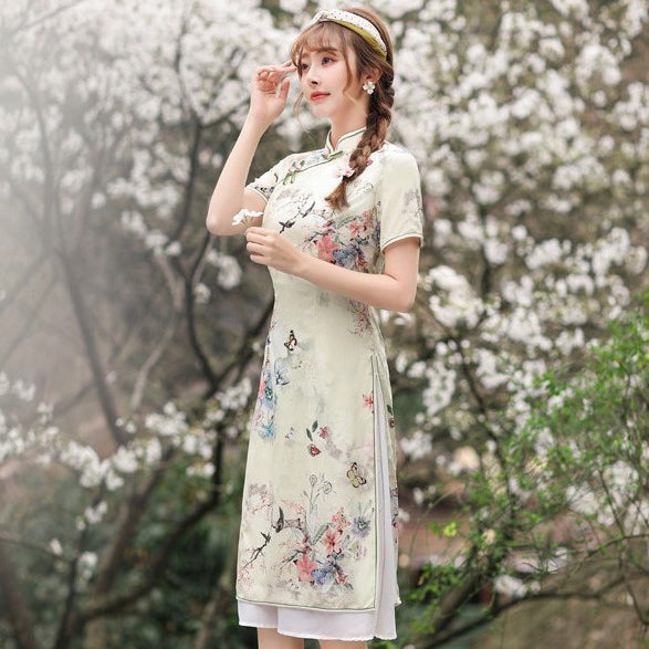 Short Sleeve Knee Length Floral Aodai Chinese Style Day Dress