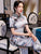 Fans Motif Col Mandarin Manches Courtes Robe Chinoise Traditionnelle Cheongsam