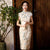 Cap Sleeve Traditional Floral Cheongsam Tea-Length Chinese Dress