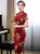 Lotus Muster Flügelärmeln Traditionelles Cheongsam Knielanges Chinesisches Kleid