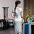 Cap Sleeve V Neck Traditional Cheongsam Floral Chinese Dress