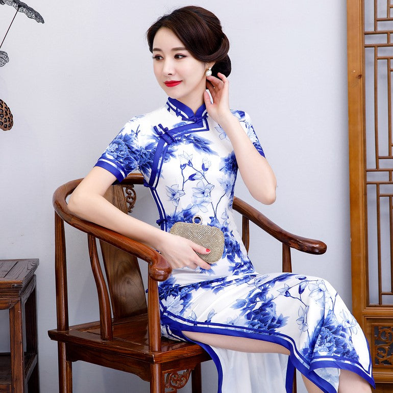 chinese collar silk dress Sage Blue Silk Cheongsam Dress | Ink Floral Print Long Qipao with Mandarin Collar