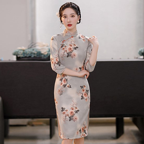 3/4 Sleeve Knee Length Traditional Cheongsam Floral Suede Chinese Dress Grey / 3XL 3/4 Sleeve Knee Length Traditional Cheongsam Floral Suede Chinese Dress Grey / 3XL