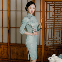 新品未使用 mandarin dress グリーン Sサイズ Knee Length Bodycon Traditional Cheongsam Floral Suede
