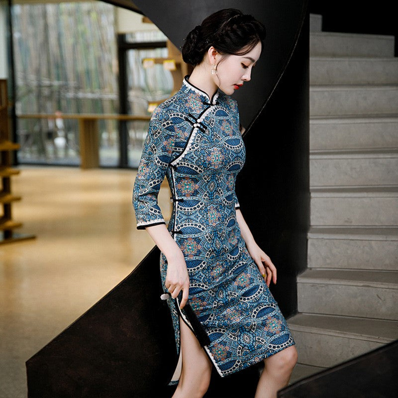 Knee Length Bodycon Traditional Cheongsam Paisley Suede Chinese Dress Blue / 3XL Knee Length Bodycon Traditional Cheongsam Paisley Suede Chinese Dress Blue / 3XL