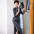 Bodycon traditionnel Cheongsam Plaids & Checks Robe chinoise en daim avec bord en dentelle