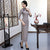 3/4 Sleeve Plaids & Checks Suede Full Length Traditional Cheongsam Chinese Dress