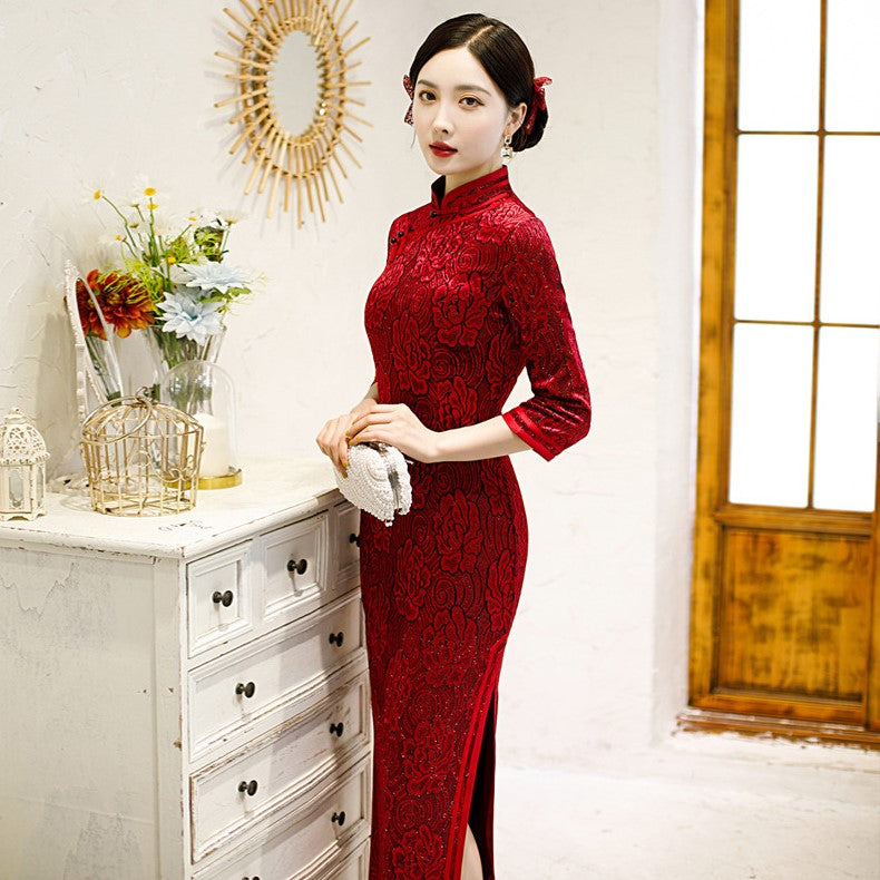 lace chinese dress Homeilteds Lace Chinese Traditional Style Cheongsam Elegant Women's S Handmade Button Dress Collar Sexy Short Dress Comfortable (Colour: Green, Size: