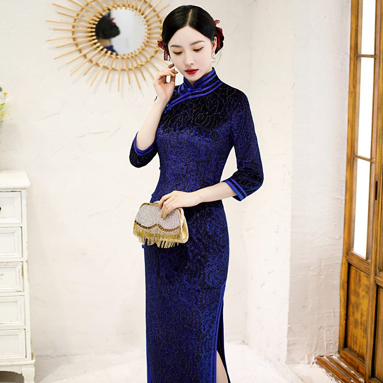 chinese lace dress White New Chinese-Style Engagement Cheongsam Long-Sleeved Youthful Style Lace Dress for Young Women