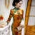 Vestido chino de terciopelo floral cheongsam tradicional de manga 3/4 de longitud completa