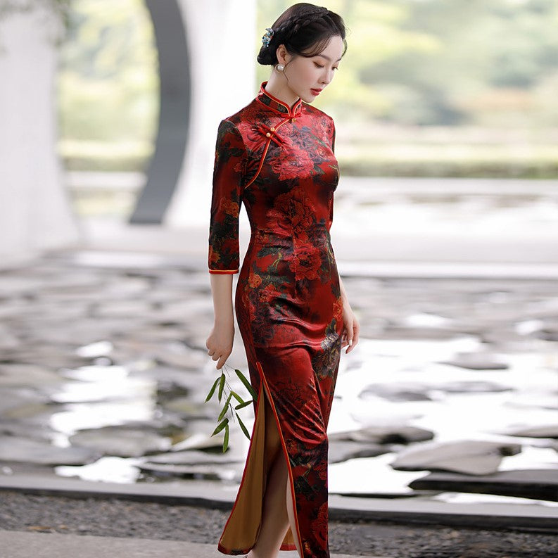 3/4 Sleeve Full Length Traditional Cheongsam Floral Velvet Chinese
