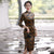 3/4 Sleeve Key Hole Neck Traditional Cheongsam Floral Velvet Chinese Dress