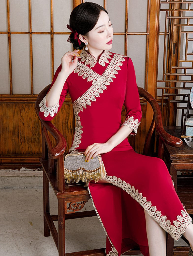 Full Length Traditional Cheongsam Silk Chinese Dress with Floral Lace – IDREAMMART