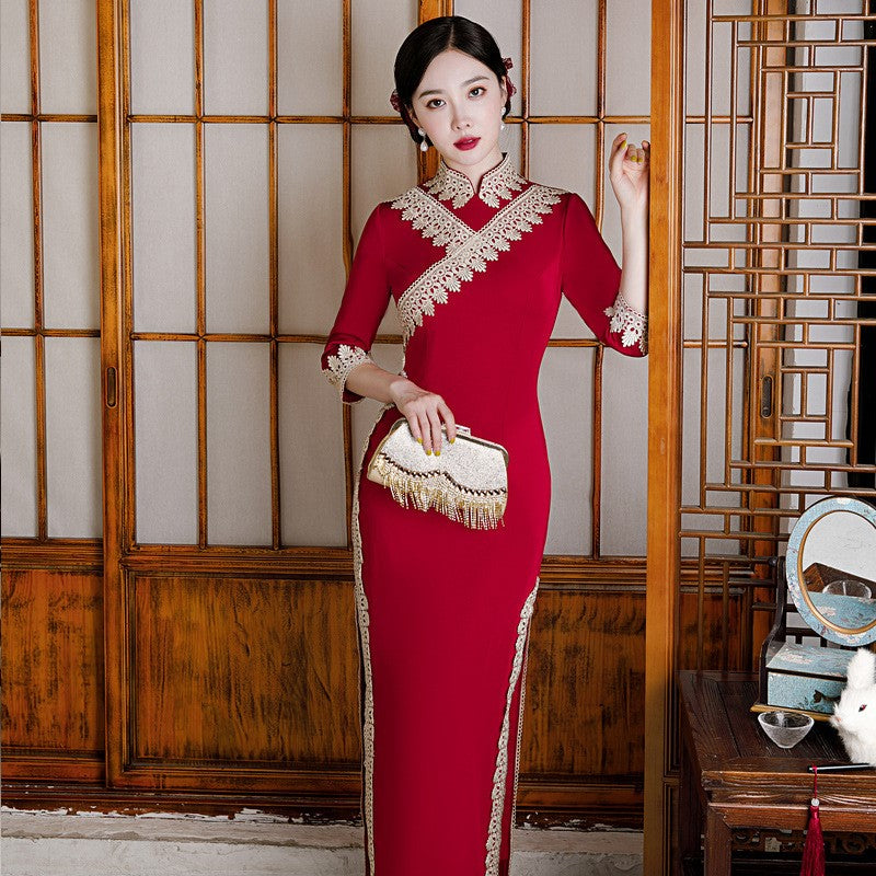 Full Length Traditional Cheongsam Silk Chinese Dress with Floral Lace Edge Full Length Traditional Cheongsam Silk Chinese Dress with Floral Lace Edge