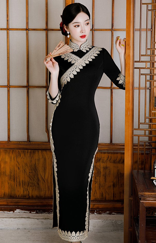 Full Length Traditional Cheongsam Silk Chinese Dress with Floral Lace Edge Full Length Traditional Cheongsam Silk Chinese Dress with Floral Lace Edge