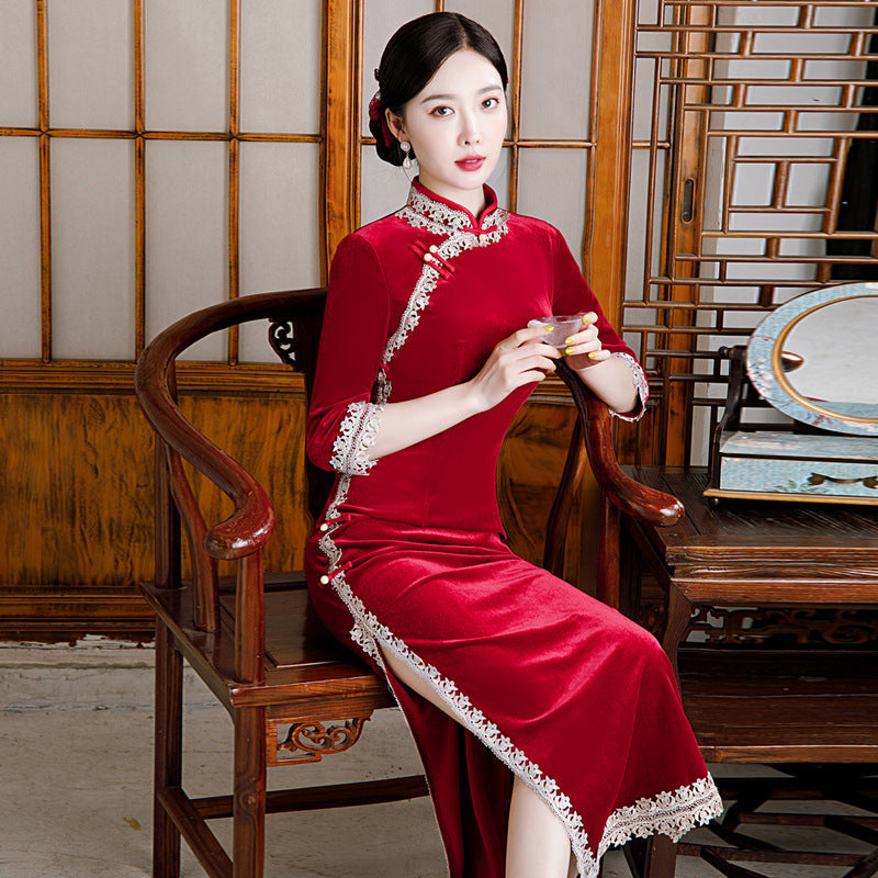 3/4 Sleeve Full Length Traditional Cheongsam Velvet Chinese Dress with Lace Edge Purple / XXL 3/4 Sleeve Full Length Traditional Cheongsam Velvet Chinese Dress with Lace Edge Purple / XXL
