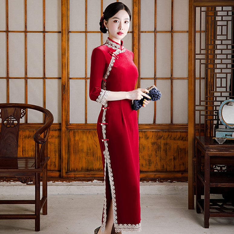 3/4 Sleeve Full Length Traditional Cheongsam Velvet Chinese Dress with Lace Edge Red / XL 3/4 Sleeve Full Length Traditional Cheongsam Velvet Chinese Dress with Lace Edge Red / XL