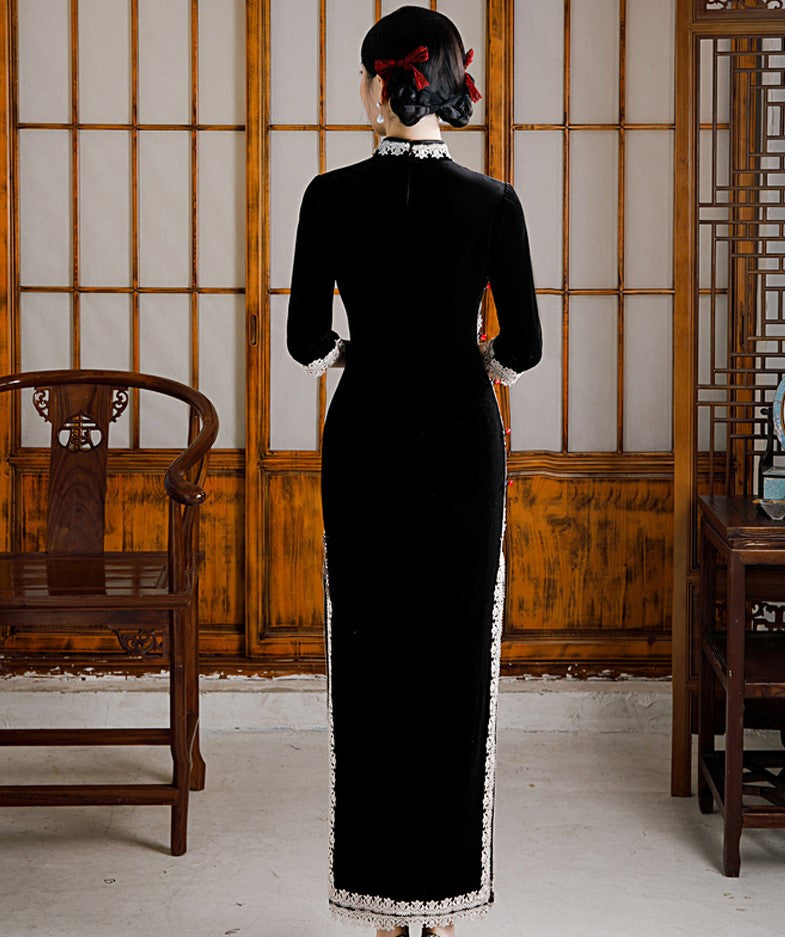 3/4 Sleeve Full Length Traditional Cheongsam Velvet Chinese Dress with Lace Edge Purple / XXL 3/4 Sleeve Full Length Traditional Cheongsam Velvet Chinese Dress with Lace Edge Purple / XXL