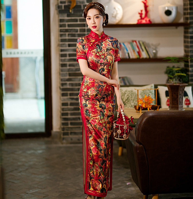 Short Sleeve Full Length Traditional Cheongsam Floral Chinese Dress IDREAMMART