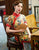 Short Sleeve Full Length Traditional Cheongsam Floral Chinese Dress
