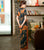 Vestido chino de terciopelo cheongsam tradicional de longitud completa con mangas 3/4 con borde de encaje
