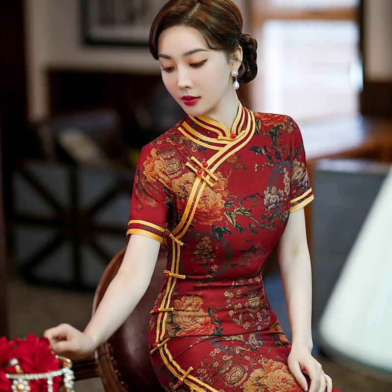Paragraaf puur bruid Short Sleeve Full Length Traditional Cheongsam Floral Chinese Dress wi –  IDREAMMART