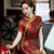 Short Sleeve Full Length Traditional Cheongsam Floral Chinese Dress with Strap Buttons